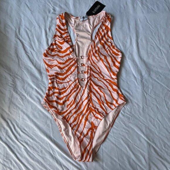 Icon Swim One Piece Peach/Orange Animal Print Racerback Open Front L‎ - Picture 1 of 7